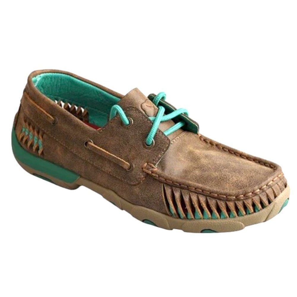 Twisted X Brown Turquoise Driving Mocs WDM0083 Distressed Leather Boat Shoe